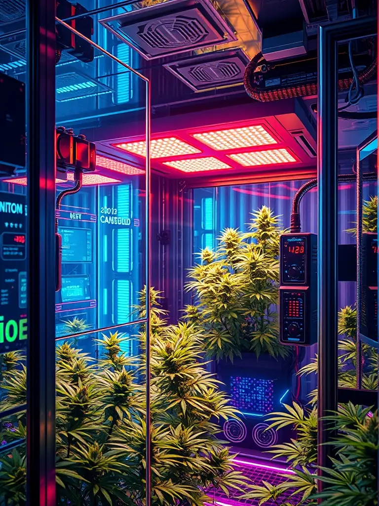 A high-tech cannabis grow room with advanced sensors and automated controls, showcasing the integration of technology in climate management.
