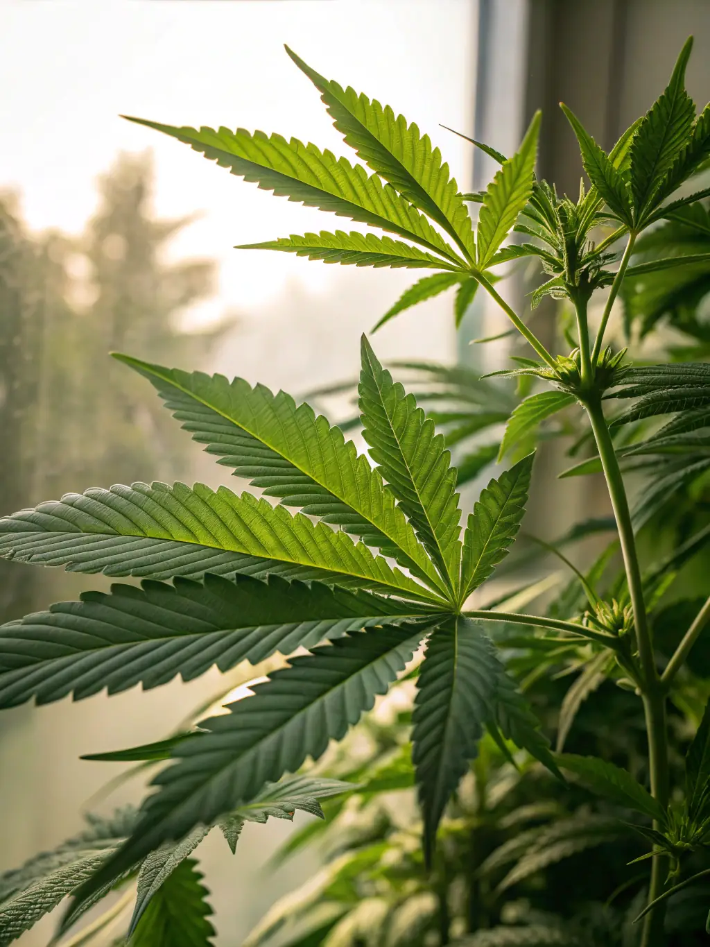 Close-up shot of a cannabis leaf with water droplets, illustrating the importance of humidity control in preventing mold and mildew.